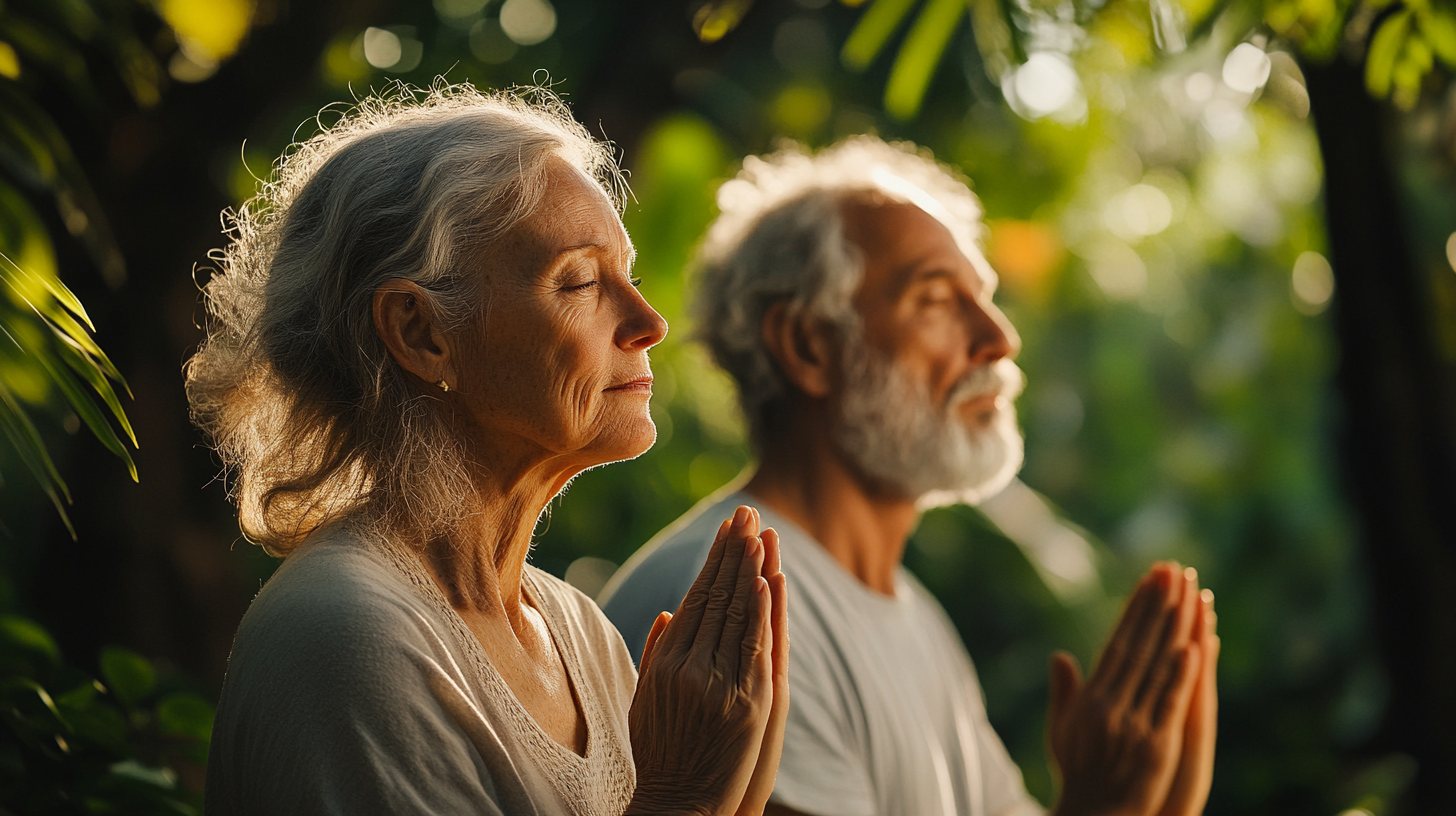 Група людей зрілого віку практикує йогу в затишній студії